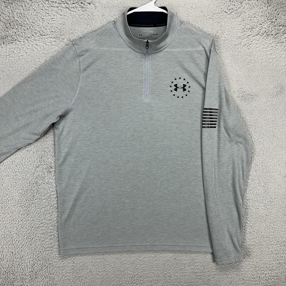 Under Armour Freedom Mens Pullover Shirt XL Heat Gear Grey Quarter Zip USA Flag